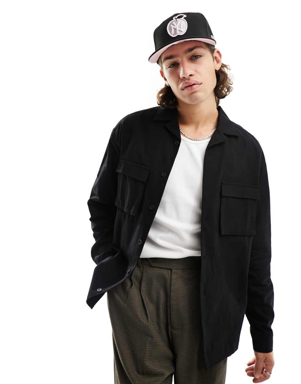 COLLUSION oversized boxy ripstop long sleeve shirt in black Product Image
