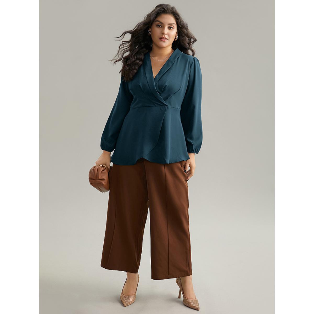 Plus Size Cyan Static-Free Plain Pleated Wrap Blouse Women Office Long Sleeve V-neck Dailywear Blouses BloomChic 26/4X Product Image