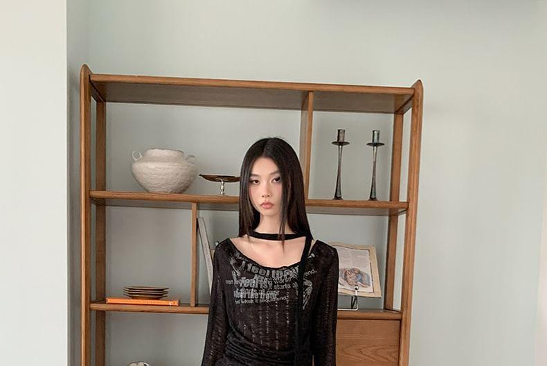 Long Sleeve Cold-Shoulder Lettering Print Drawstring Slim-Fit Knit Top Product Image