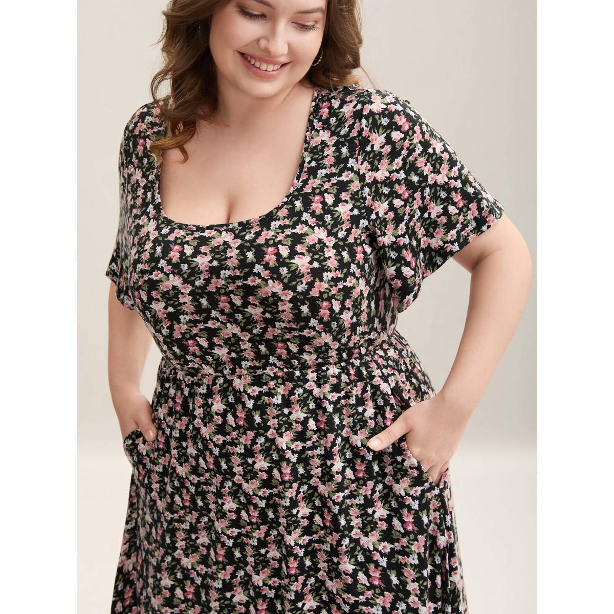 Plus Size Floral Print Square Neck Straight-Fit Midi Dress Black Women Casual Non U-neck Short sleeve Curvy BloomChic 14-16/1X Product Image