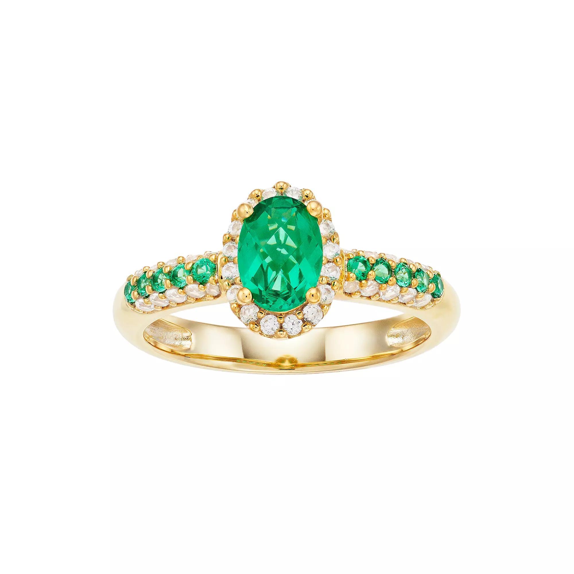 14K Gold Over Silver Lab Created Emerald Lab Created White Sapphire Oval Halo Ring, Women's, Size: 7, Gold Tone Product Image