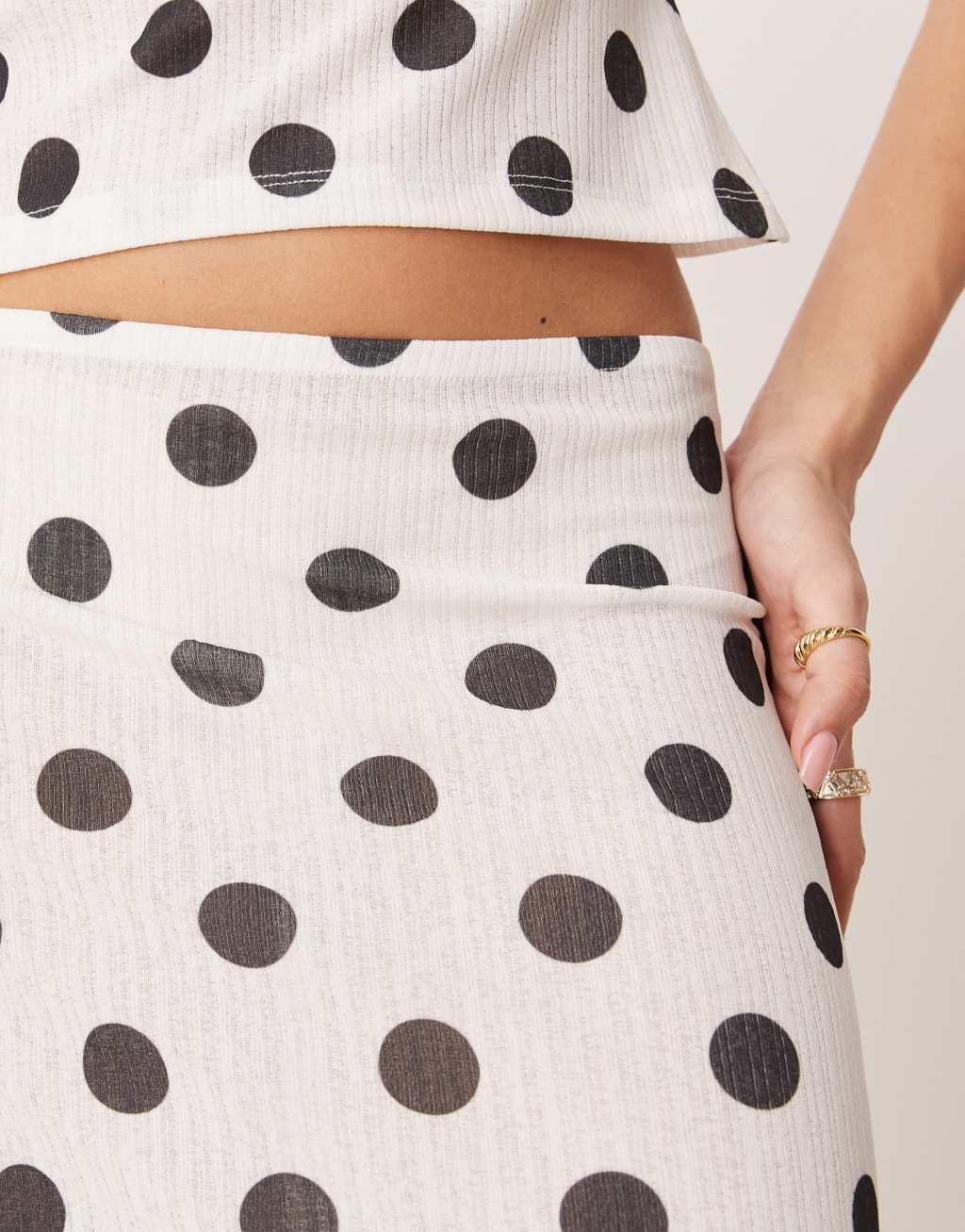 ASOS DESIGN polka dot printed dry handle rib maxi low rise skirt in ecru Product Image