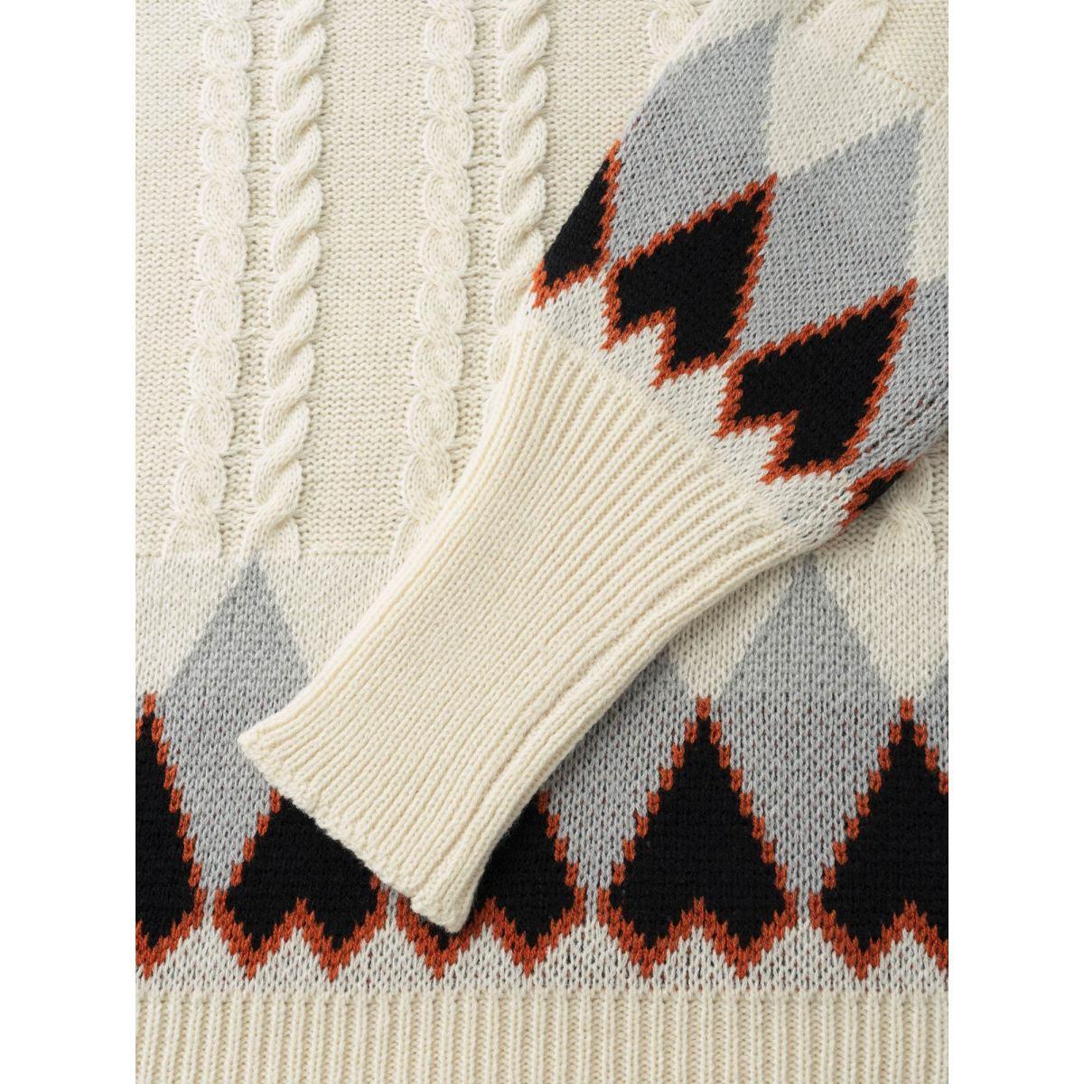 Plus Size Fair Isle Crew Neck Split Hem Pullover Beige Women Casual Long Sleeve Round Neck Everyday Pullovers BloomChic 12/L Product Image