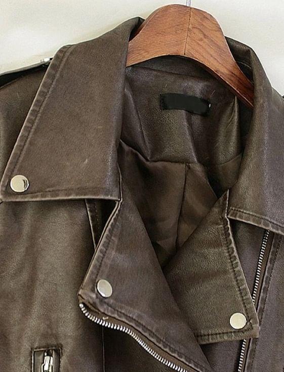 Long Sleeve Plain Faux Leather Zip-Up Jacket Product Image