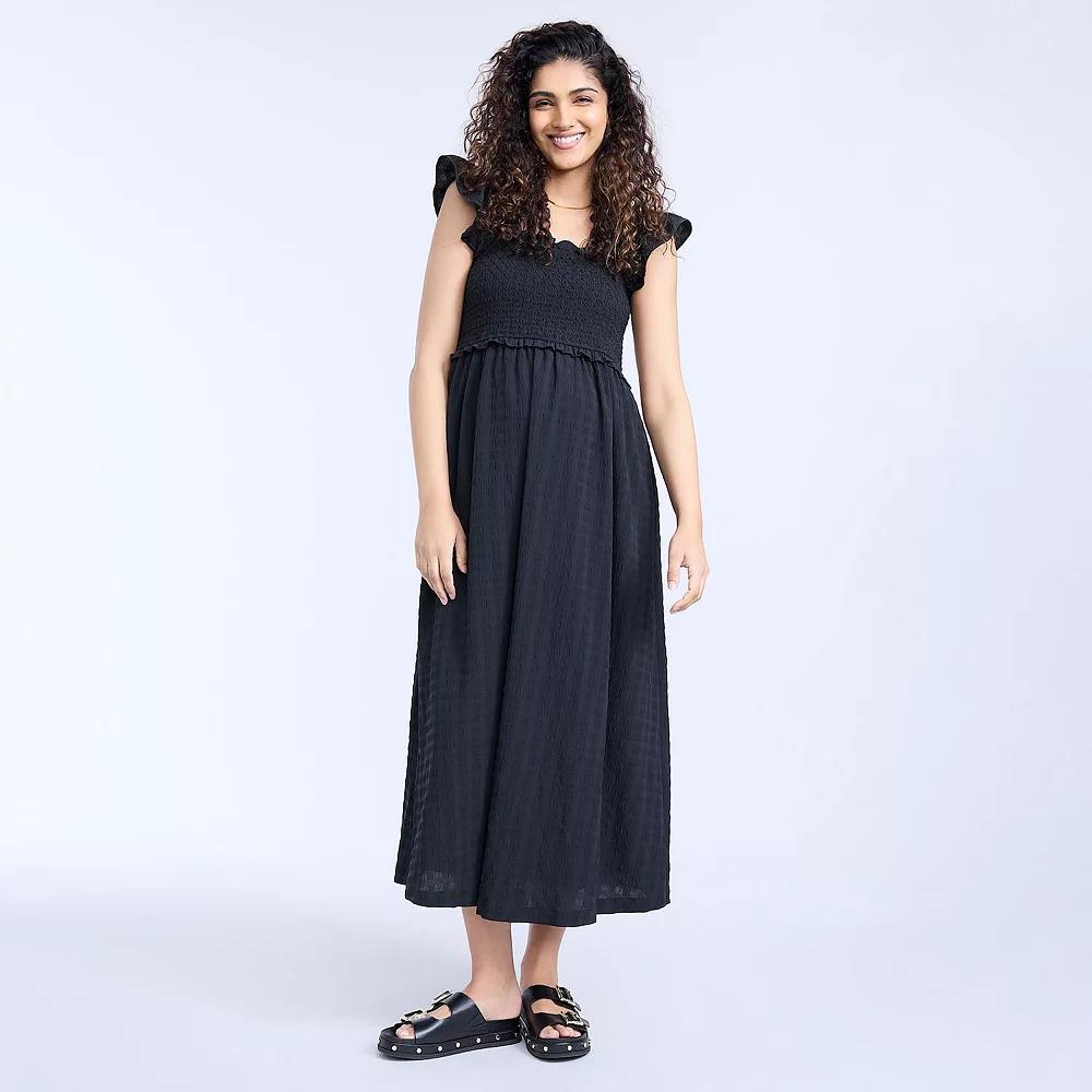 Maternity Motherhood® Sleeveless Ruffle Shoulder Smocked Dress, Women's, Size: Medium-Mat, Black Product Image