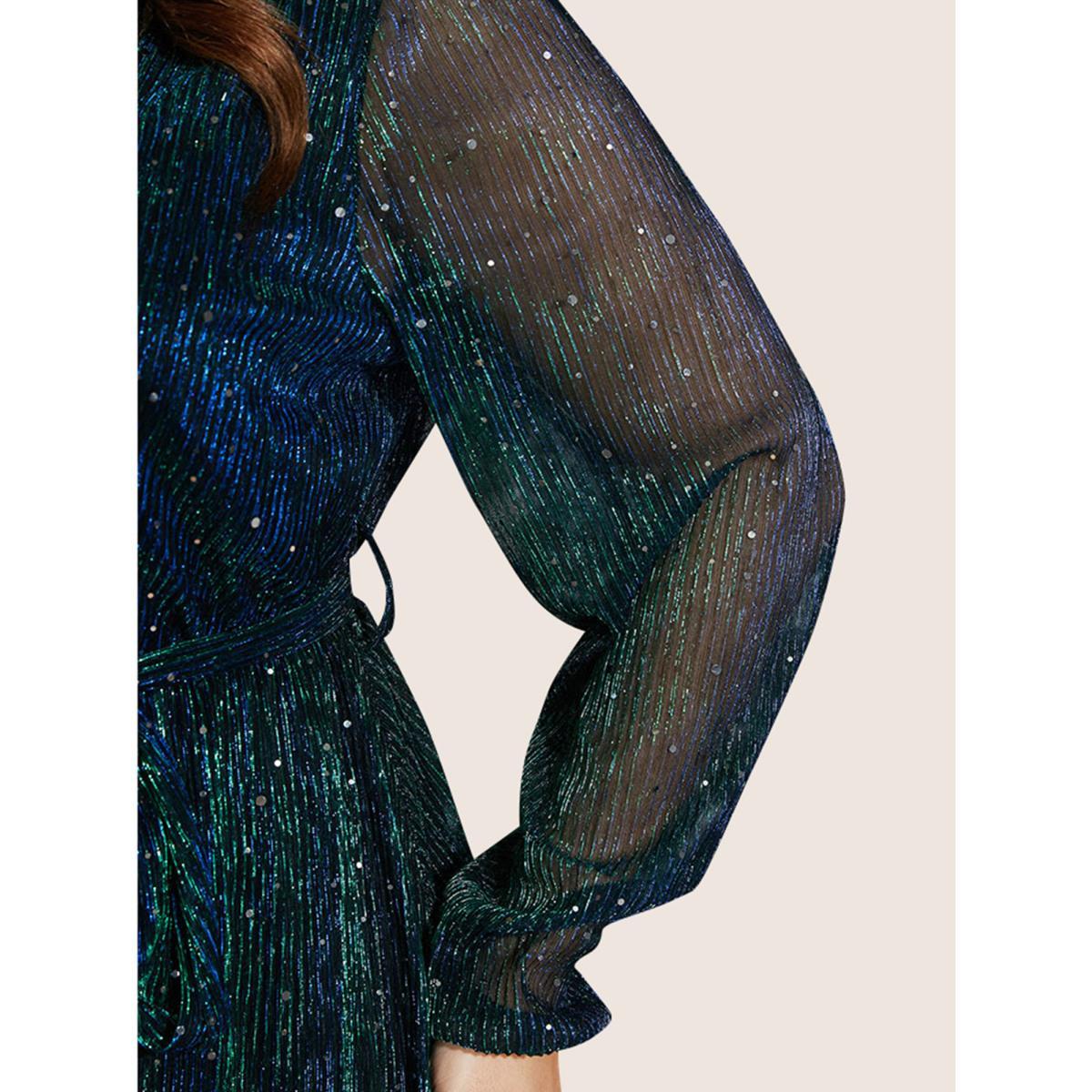 Plus Size DarkGreen Sequin Mesh Lantern Sleeve Wrap Belted Striped Blouse Women Cocktail Long Sleeve Overlap Collar Party Blouses BloomChic 26/4X Product Image