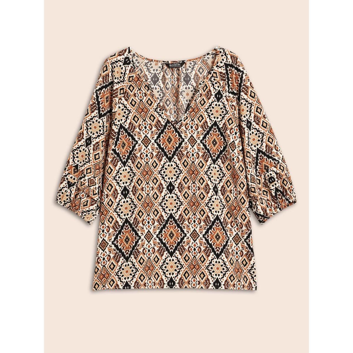 Plus Size Browncoffeecolor Bandana Geometric Pleated Lantern Sleeve Blouse Women Elegant Elbow-length sleeve V-neck Everyday Blouses BloomChic 14-16/1X Product Image