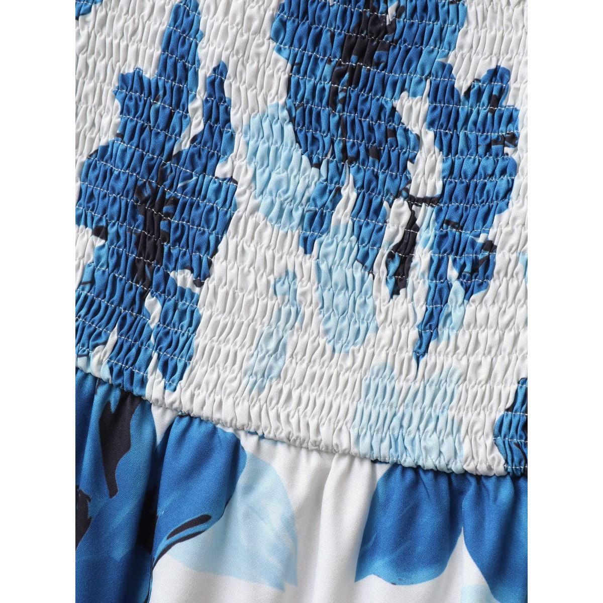 Plus Size Floral Pattern Shirred Pockets Midi Dress Mediumblue Women Square Neck Cap Sleeve Curvy BloomChic 26/4X Product Image