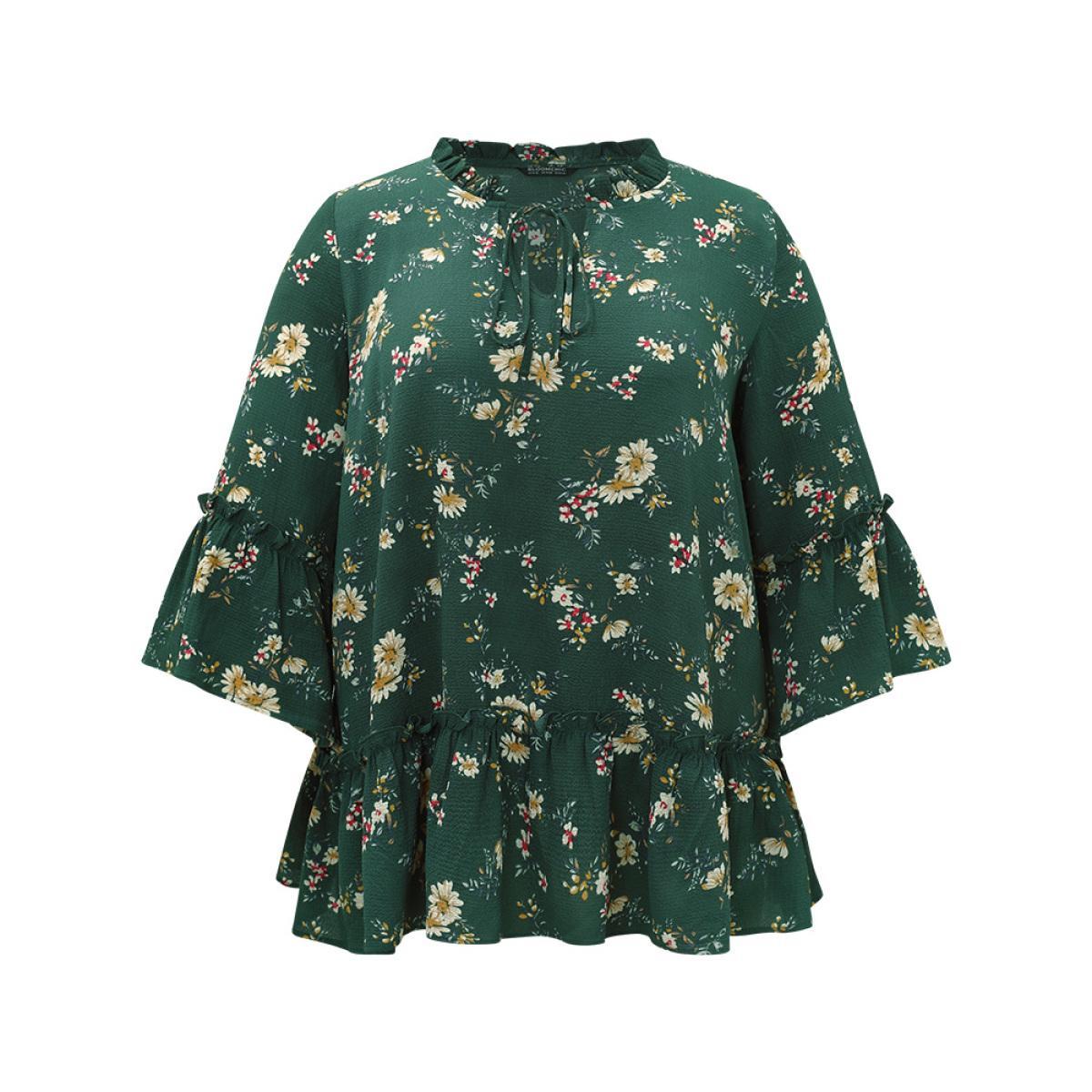 Plus Size DarkGreen Floral Print Knot Neck Ruffle Trim Blouse Women Elegant Elbow-length sleeve Tie Neck Dailywear Blouses BloomChic 18-20/2X Product Image
