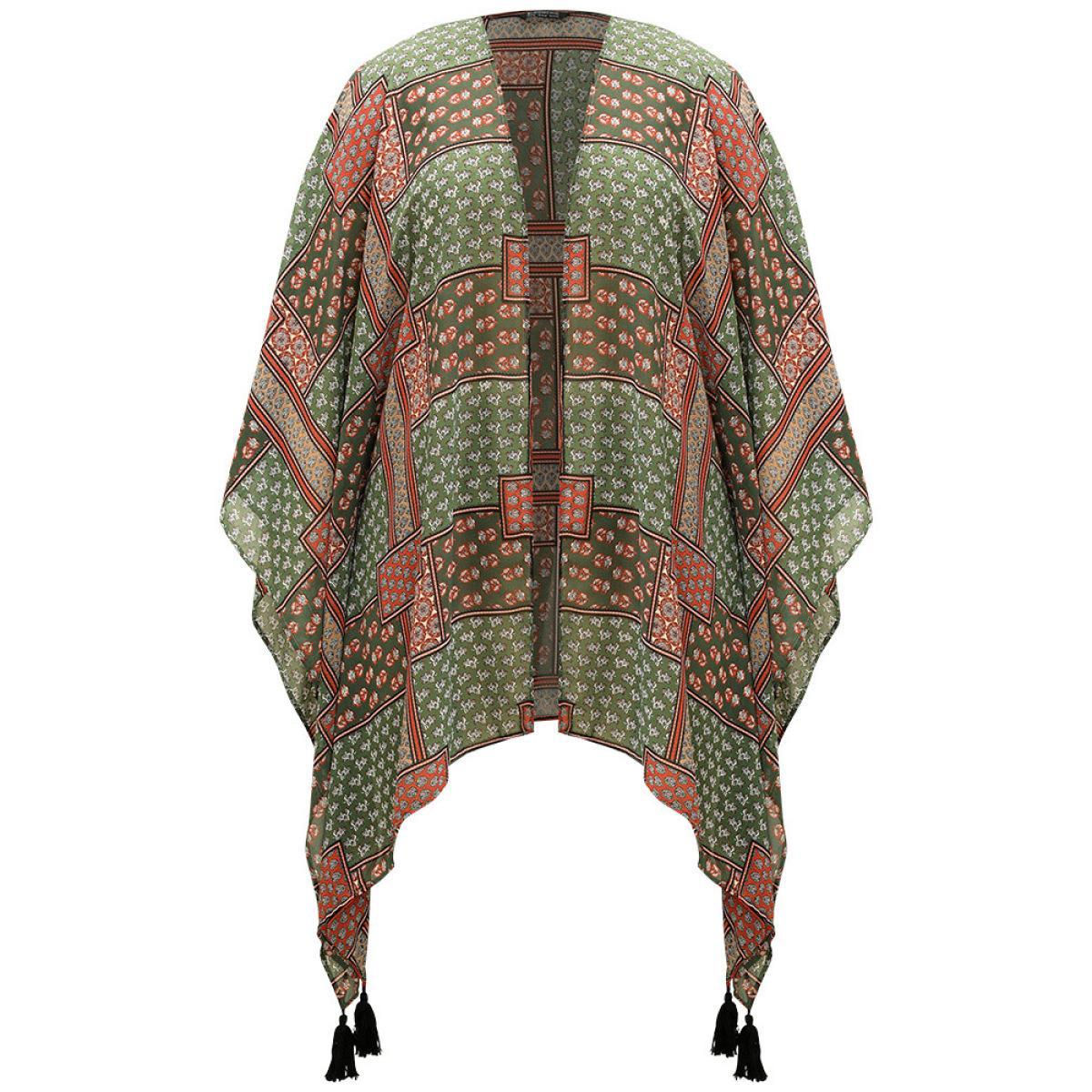 Plus Size Bandana Print Tassels Trim Asymmetrical Hem Kimono Women Moss Casual Drape Loose Dailywear Kimonos BloomChic 10/M Product Image