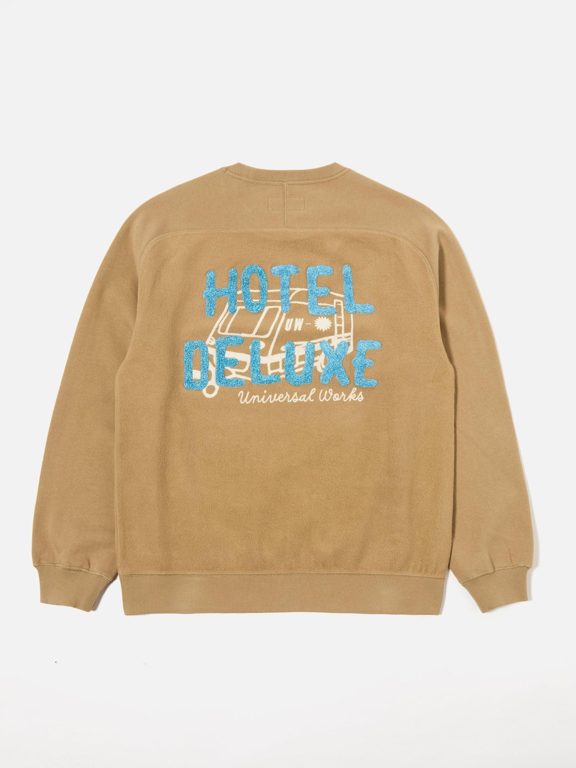 Universal Works Crew Sweat in Sand 'Hotel Deluxe' Embroidered Brush Back Product Image