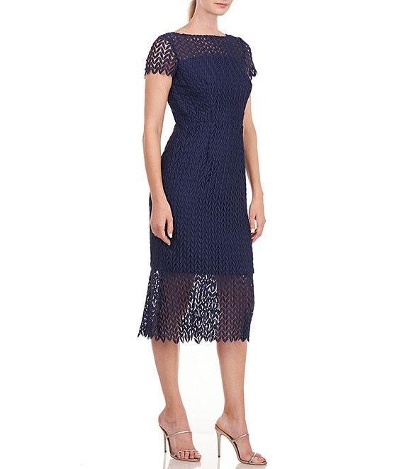 Kay Unger Flounce Hem Illusion Lace Short Sleeve Boat Neck Scalloped Midi Sheath Dress Product Image