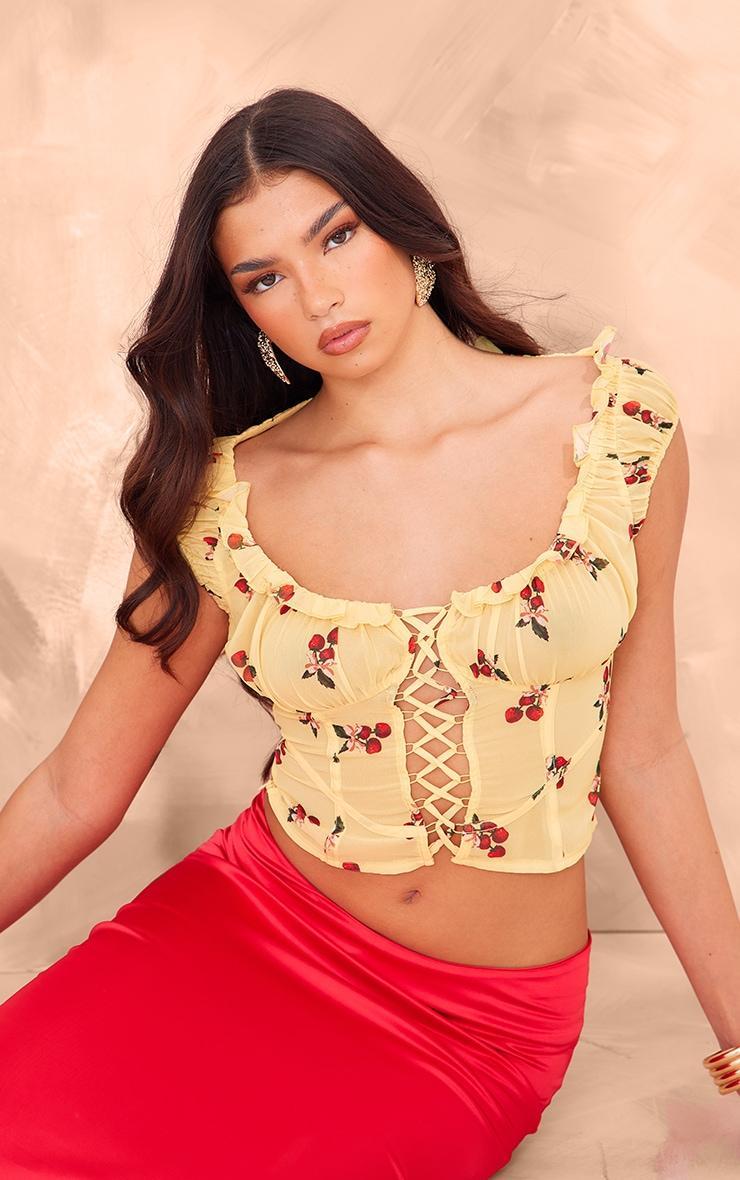 Pale Yellow Printed Chiffon Lace Up Front Top Product Image