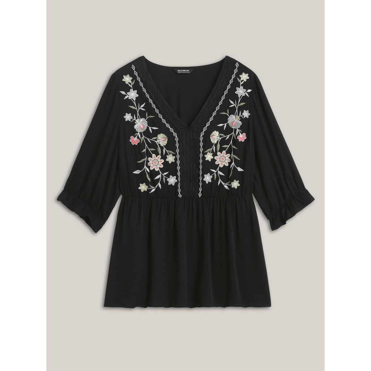 Plus Size Black Embroidered Lace Spliced Peplum Shirt Women Resort Elbow-length sleeve V-neck Vacation Blouses BloomChic 26/4X Product Image