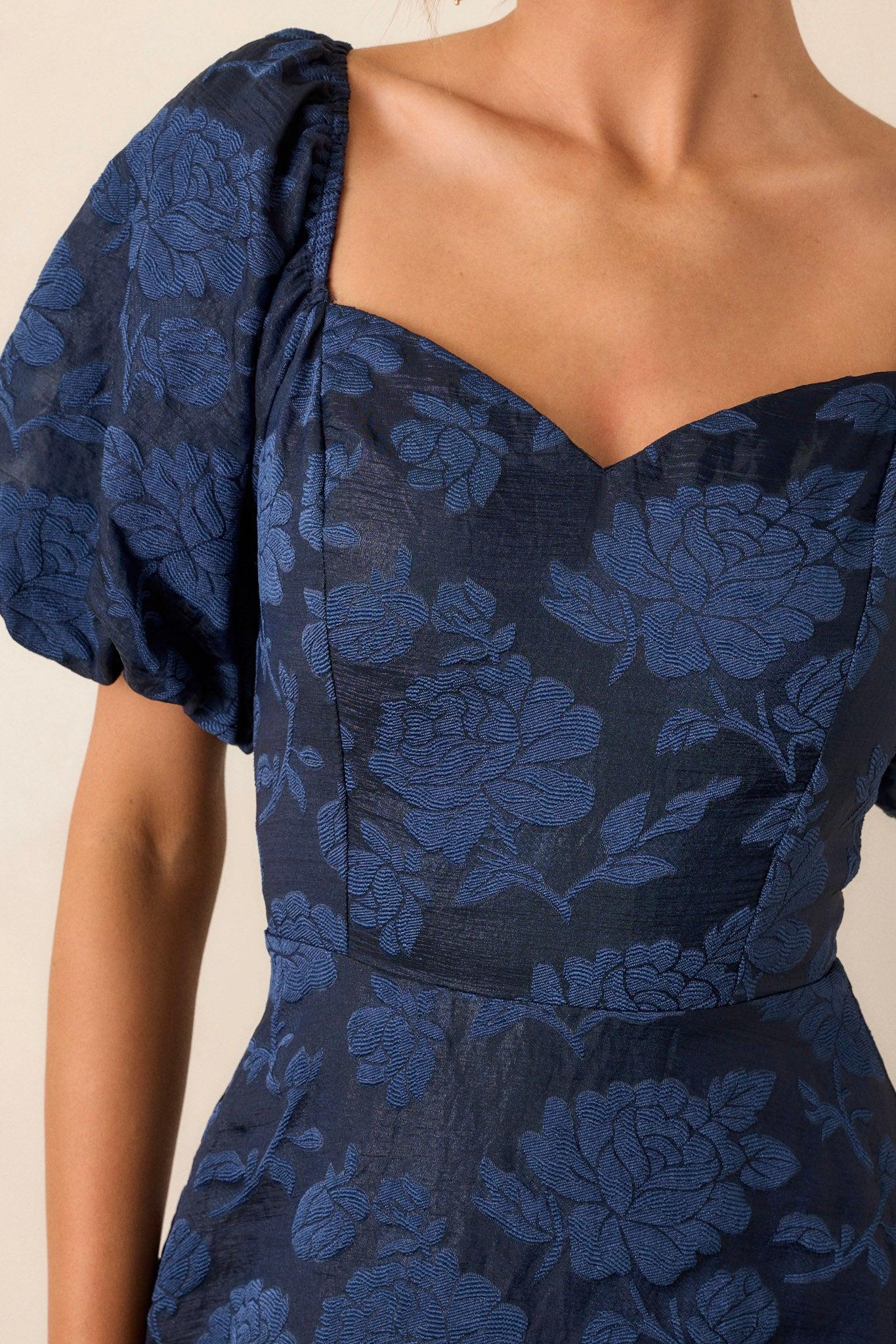 Starlit Evenings Navy Floral Jacquard Midi Dress Product Image