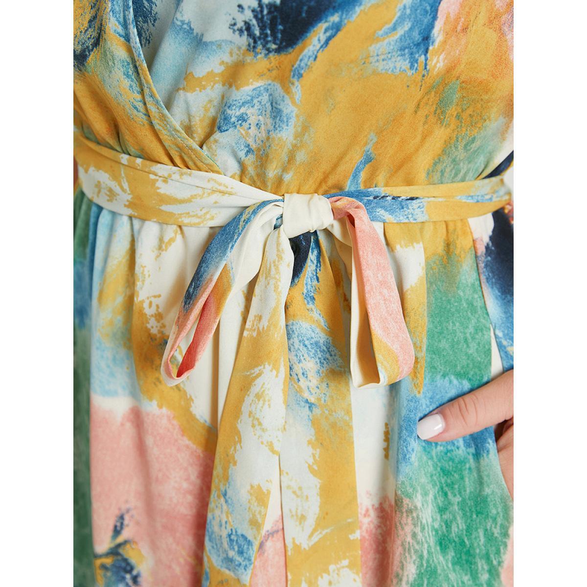 Plus Size Tie Dye Ruffle Pocket Wrap Belted High Low Dress Green Women Elegant Wrap V-neck Short sleeve Curvy Midi Dress BloomChic 10/M Product Image