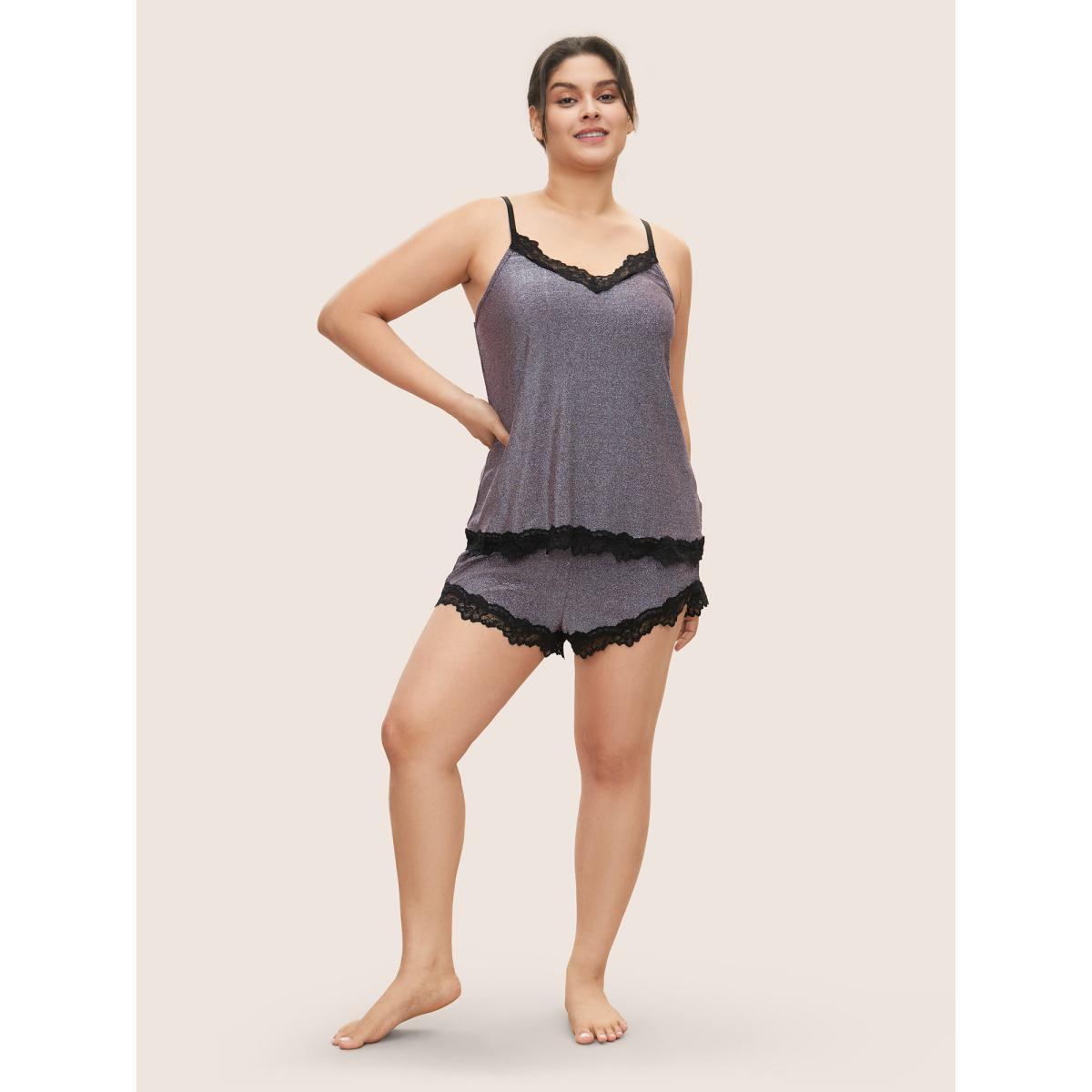 Plus Size Metallic Patchwork Bowknot Lace Panel Loungewear Set Women Purple Patchwork Sleeveless V-neck Lounge Loungewear Sets BloomChic 12/L Product Image