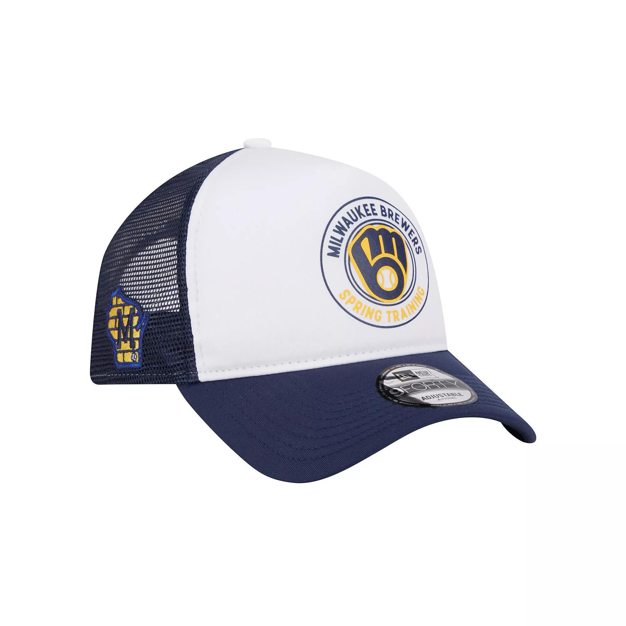 Men's New Era White/Navy Milwaukee Brewers Spring Training Circle Foam A-Frame 9FORTY Trucker Adjustable Hat, Blue Product Image