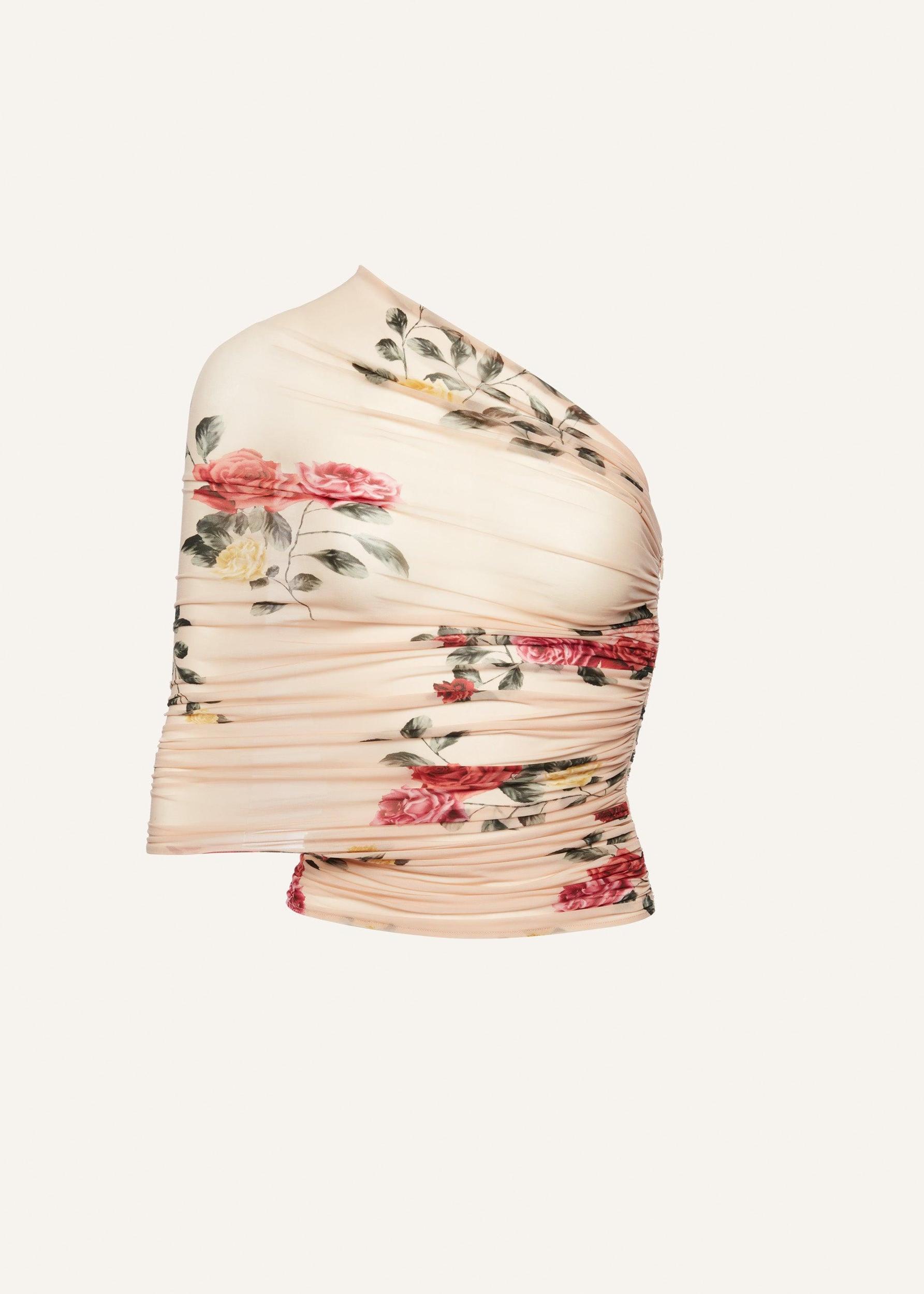One-shoulder wrap top in beige print Product Image