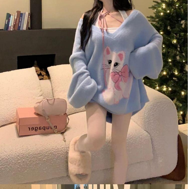 V-Neck Cat Print Oversized Sweater Product Image