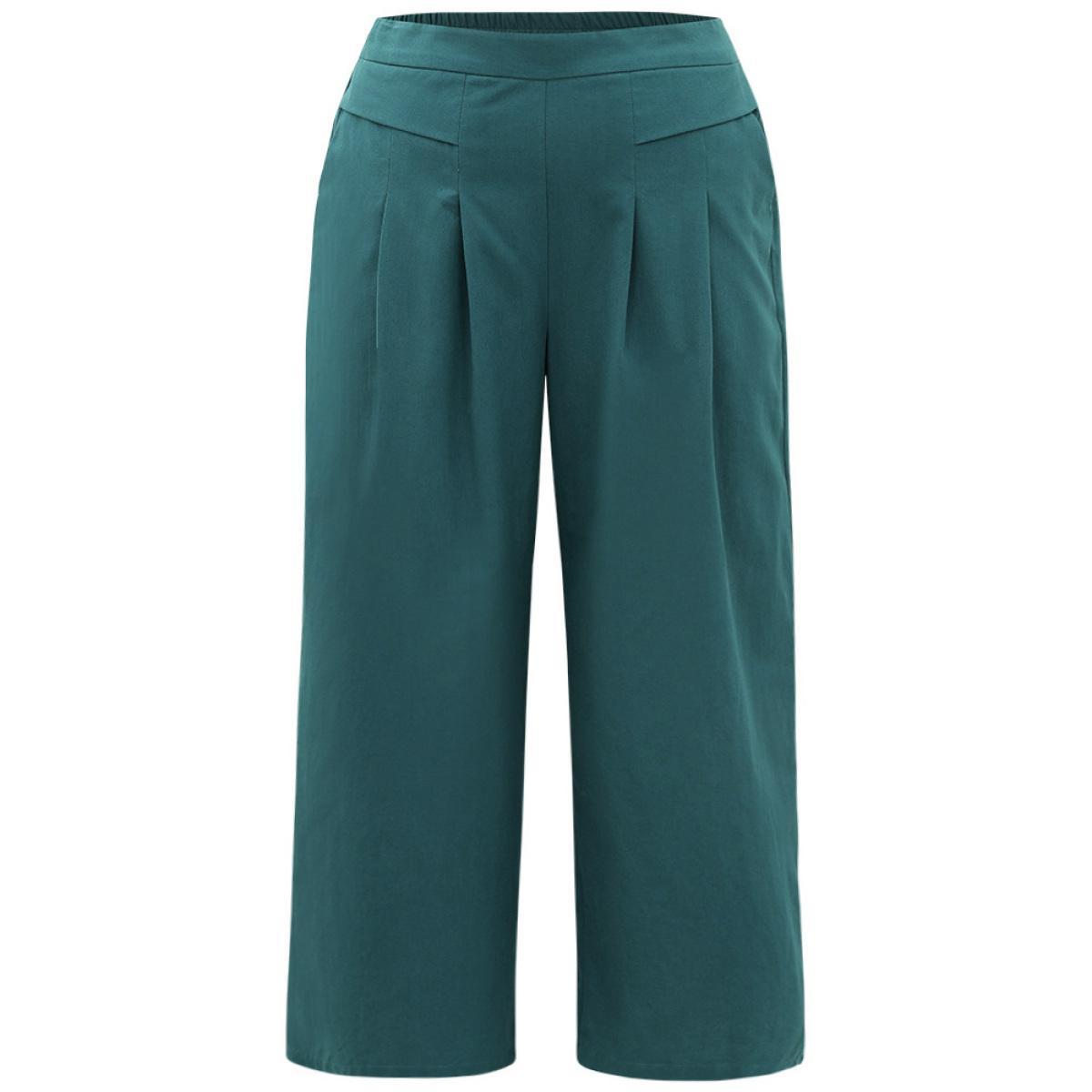 Plus Size Plain Pocket Elastic Waist Plicated Detail Pants Women Cyan Casual Straight Leg High Rise Everyday Pants BloomChic 10/M Product Image