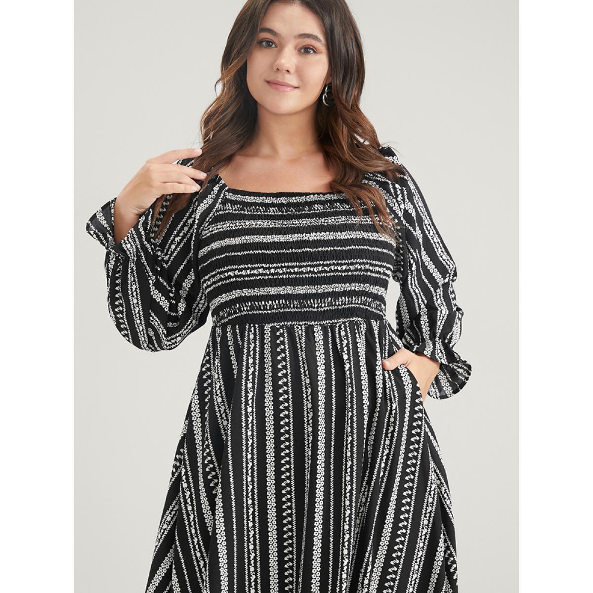 Plus Size Striped Square Neck Lantern Sleeve Pocket Shirred Split Dress Black Women Vacation Pocket Square Neck Long Sleeve Curvy Midi Dress BloomChic 22-24/3X Product Image