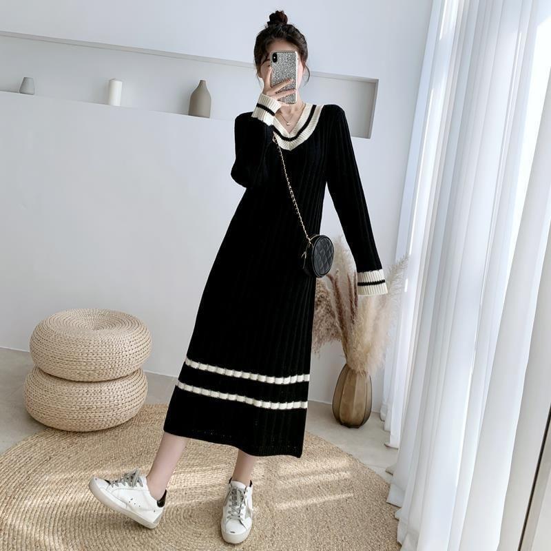 Long Sleeve V-Neck Striped Hem Sweater Dress Product Image