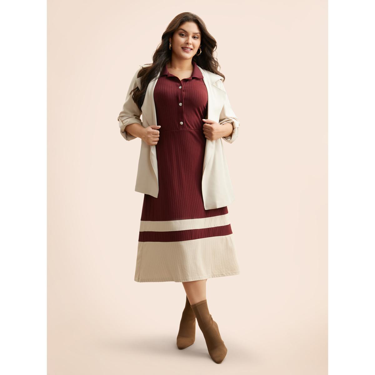 Plus Size Contrast Patchwork Button Up Dress Deepred Women Casual Texture Shirt collar Sleeveless Curvy BloomChic 14-16/1X Product Image