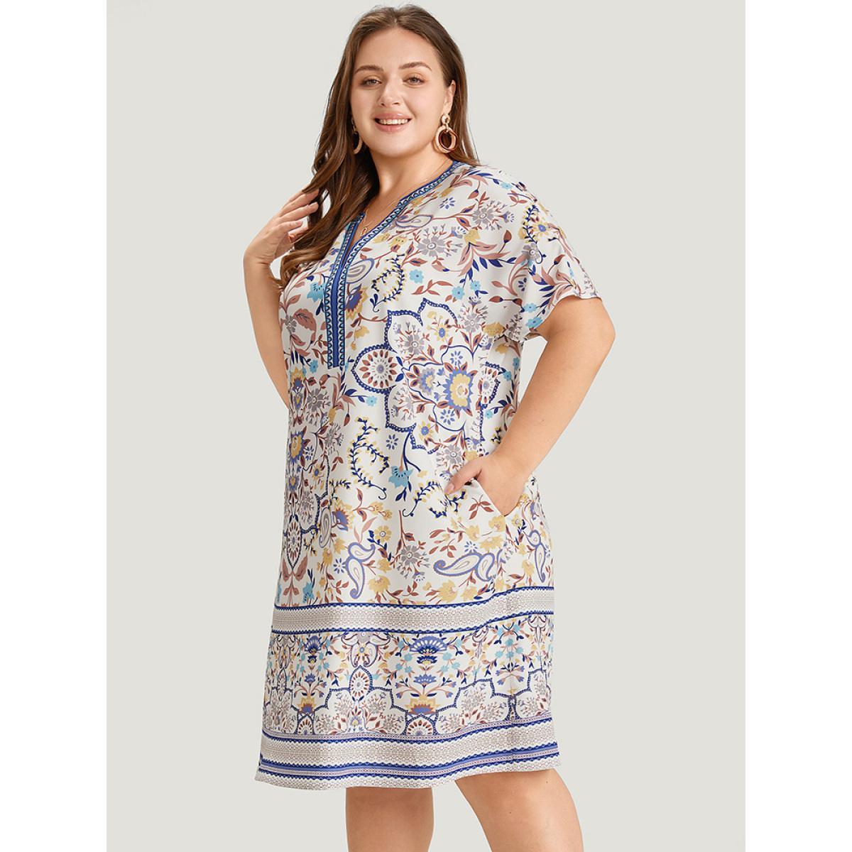 Plus Size Boho Print Pocket Notched Ruffle Hem Dolman Sleeve Dress LightBlue Women Vacation Notched collar Short sleeve Curvy Knee Dress BloomChic 26/4X Product Image