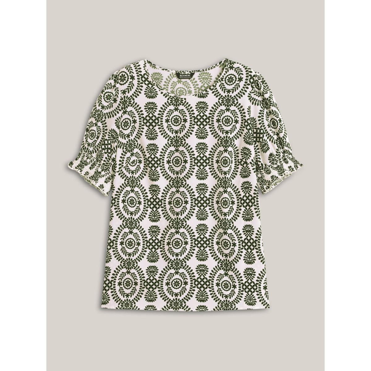 Plus Size ArmyGreen Ornate Print Shirred Blouse Women Half Sleeve Round Neck Vacation Blouses BloomChic 10/M Product Image