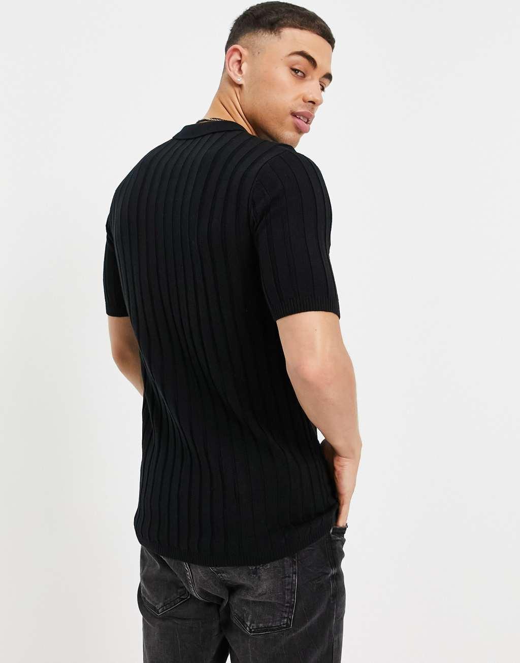 ASOS DESIGN knit ribbed polo shirt in black Product Image