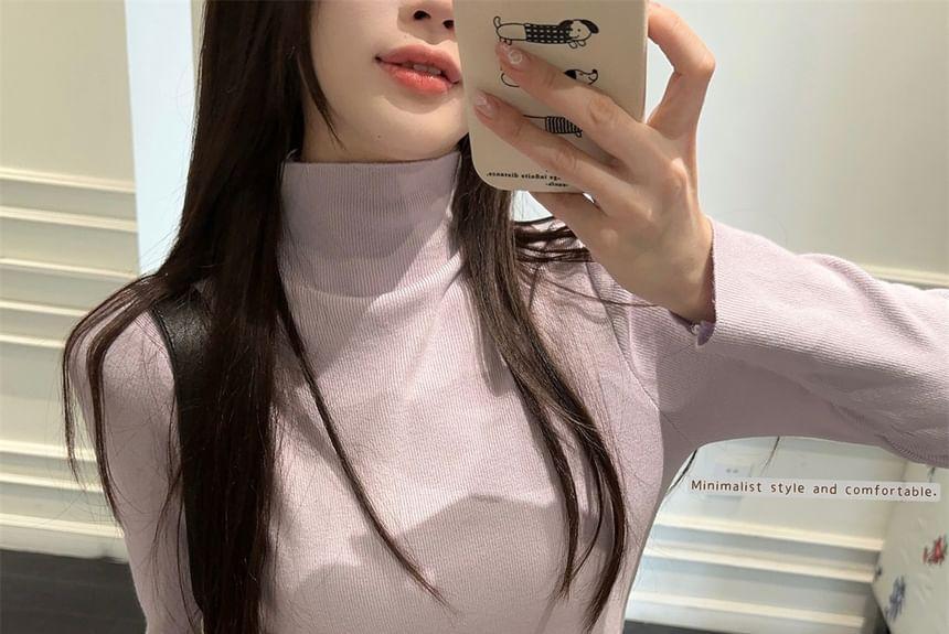 Long Sleeve Mock Neck Plain Tee / Flower Detail Midi Overall Dress Product Image