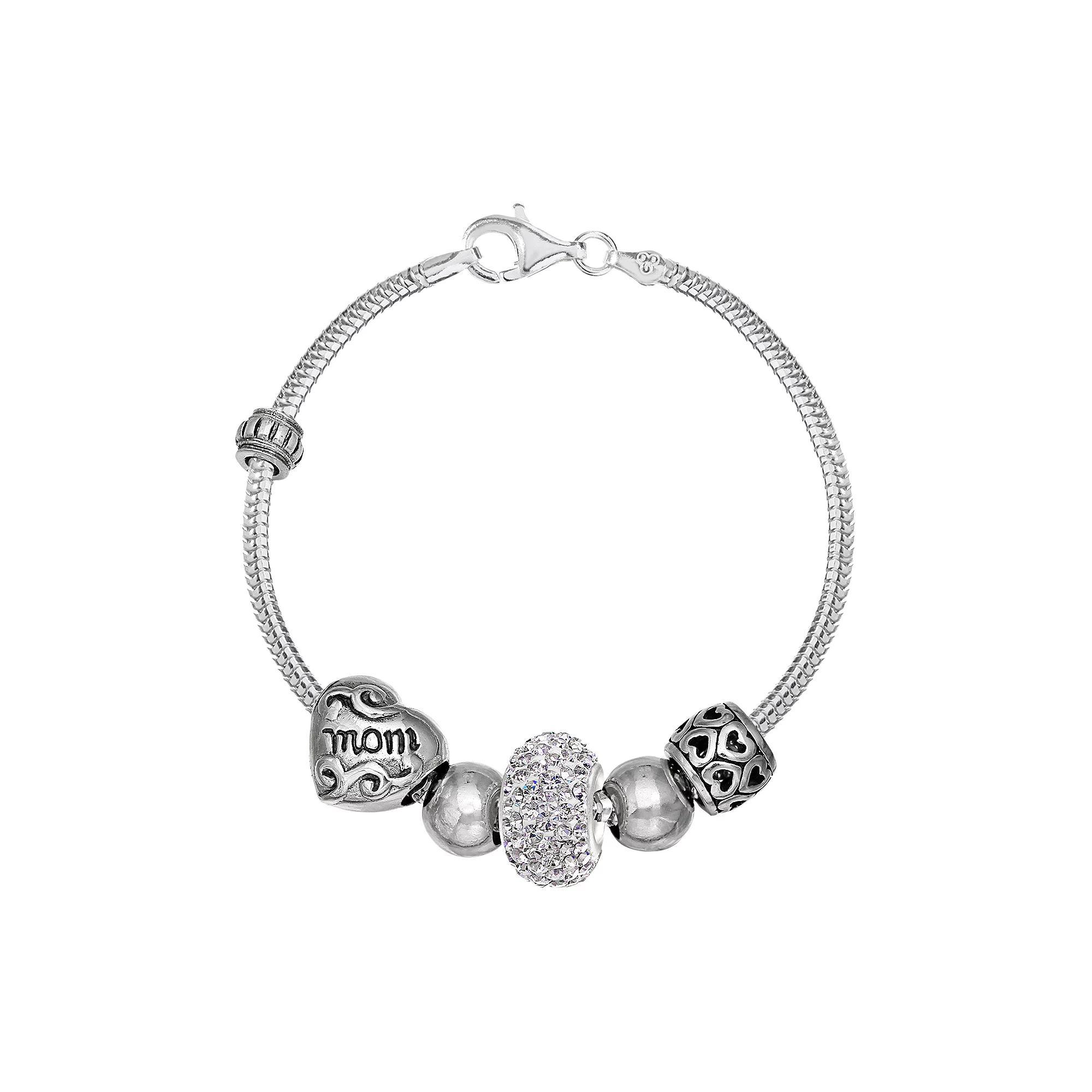 Individuality Beads Crystal Sterling Silver Mom Bead Snake Chain Bracelet, Womens White Product Image