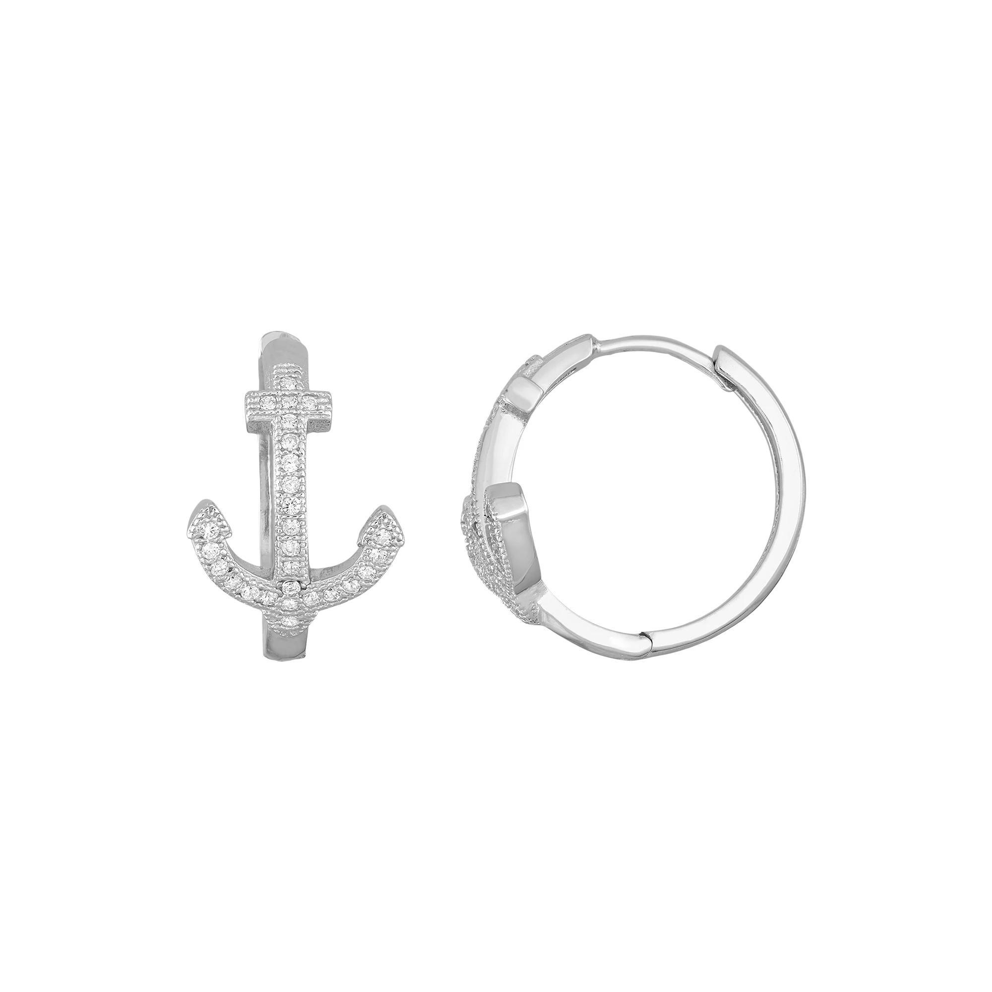 Sterling Silver Cubic Zirconia Anchor Hoop Earrings, Women's, White Product Image