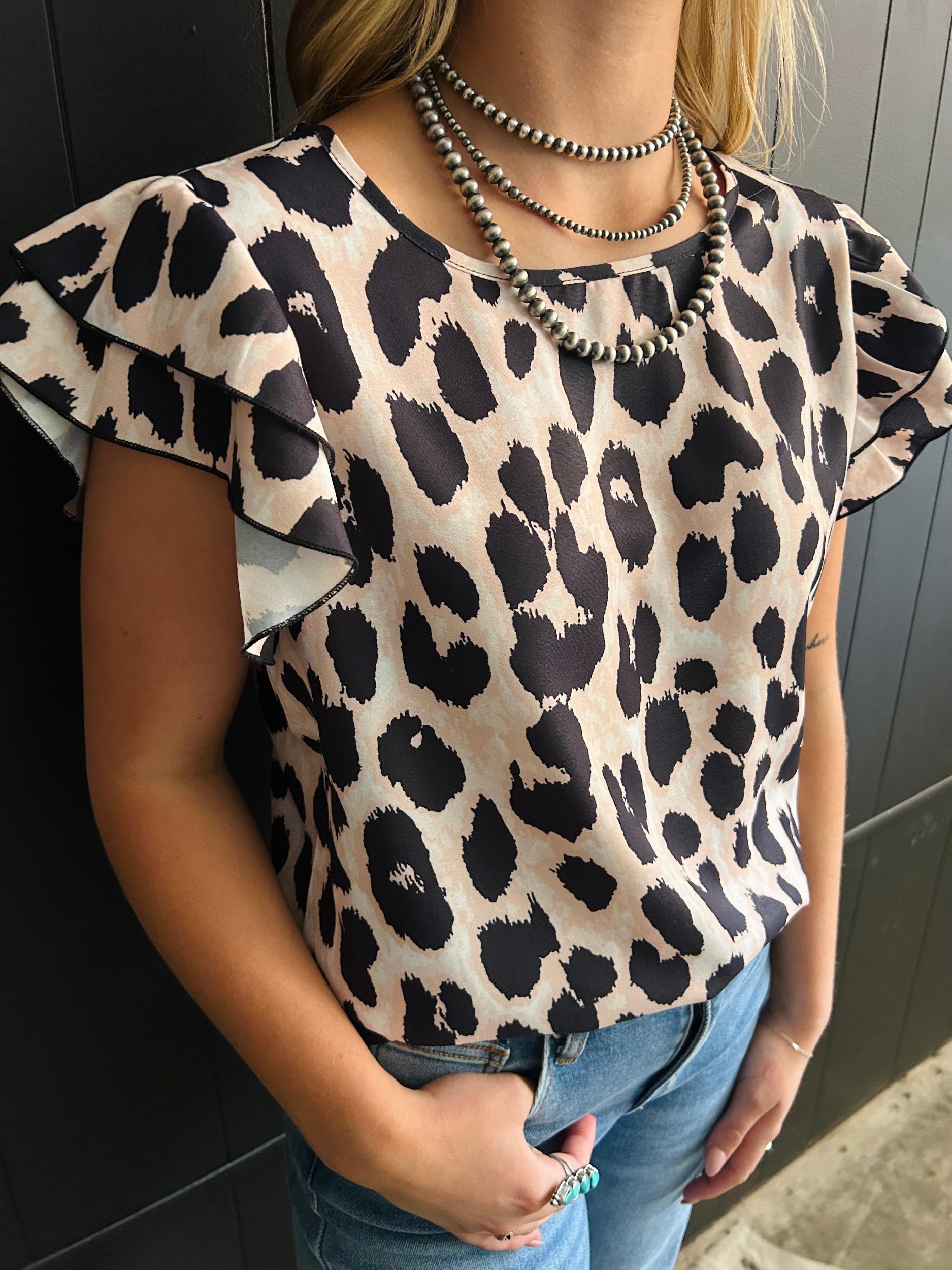 Khaki Leopard Ruffle Sleeve Top Product Image