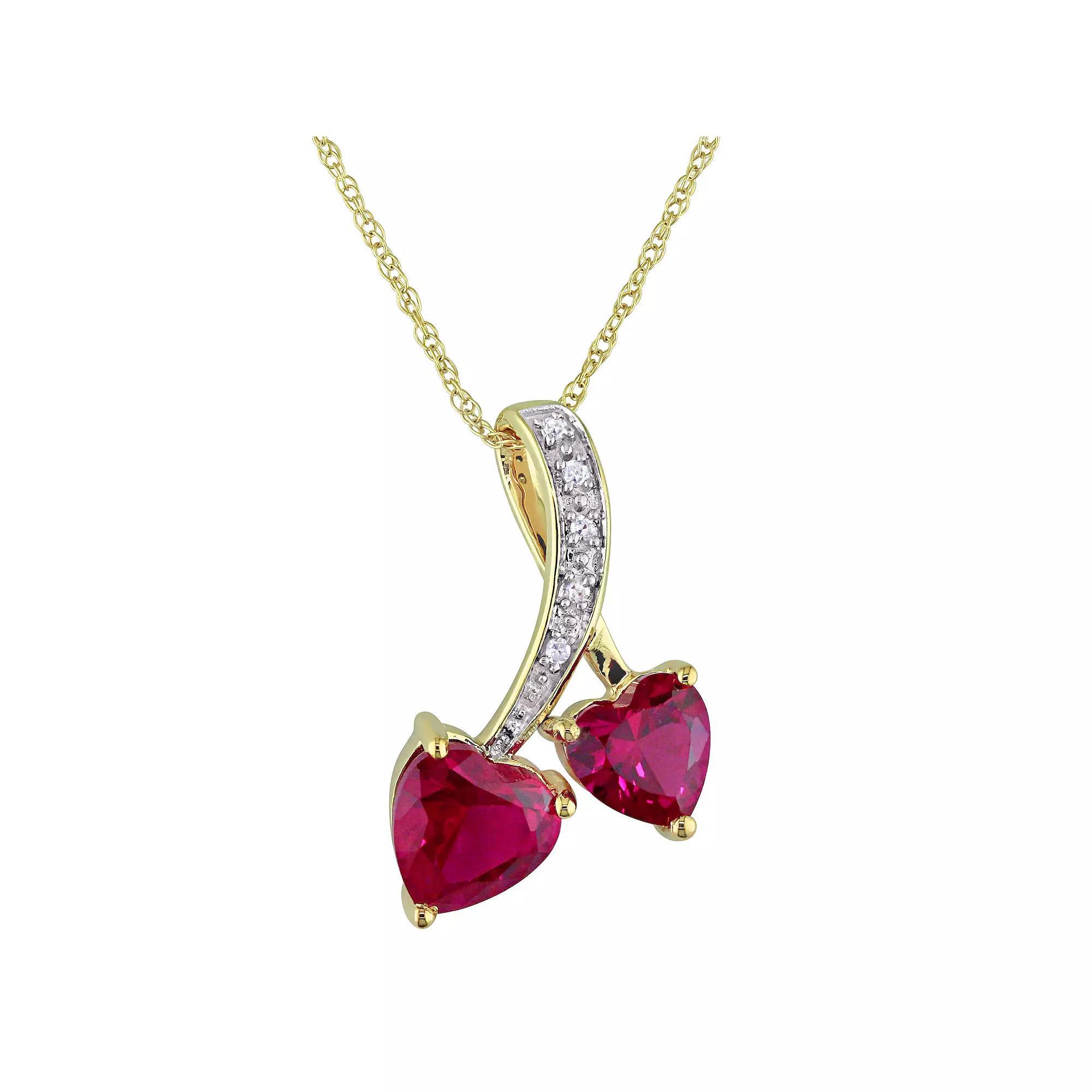 Stella Grace 10k Gold Lab-Created Ruby & Diamond Accent Double Heart Pendant Necklace, Womens Product Image