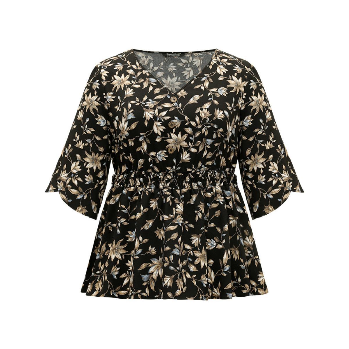 Plus Size BlackFlower Floral Print Shirred Button Detail V Neck Petal Sleeve Blouse Women Vacation Half Sleeve V-neck Dailywear Blouses BloomChic 14-16/1X Product Image