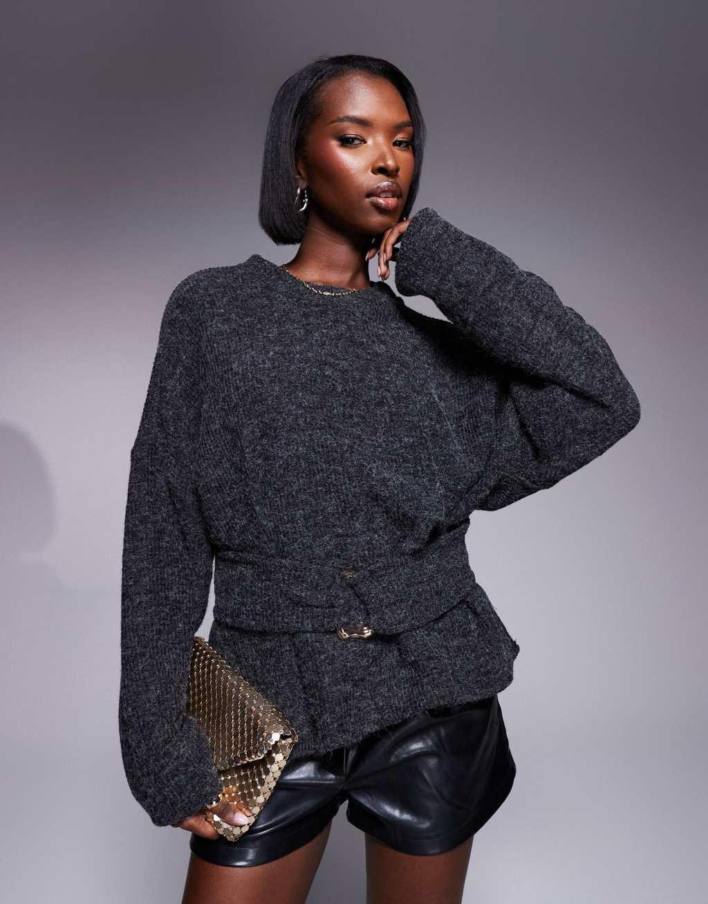 ASOS DESIGN rib boucle long sleeve top with gold trim detail in charcoal Product Image