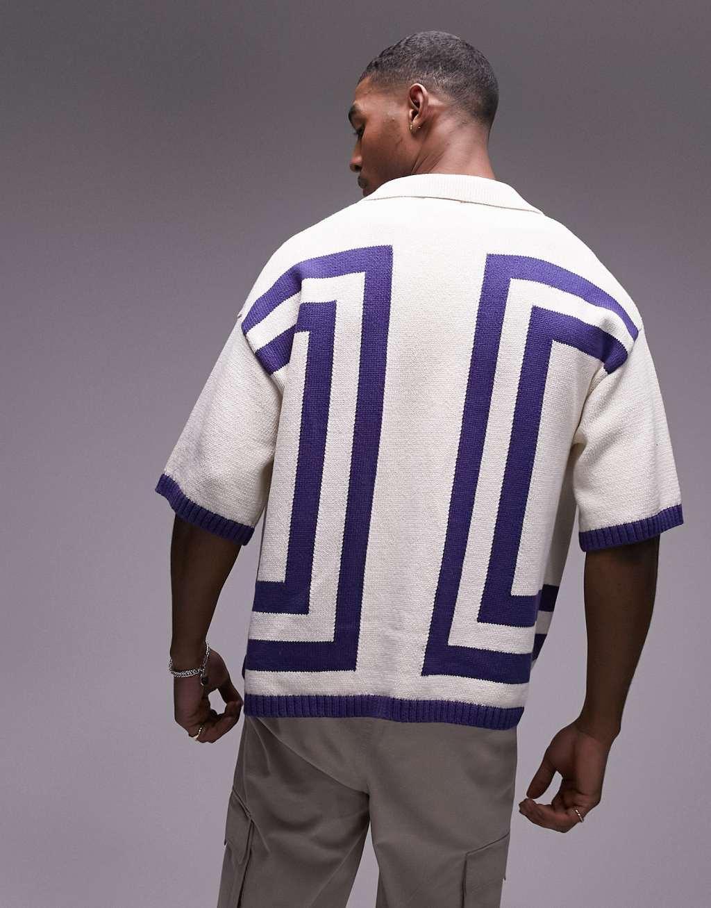 Topman knit crochet vertical stripe button up shirt in white Product Image