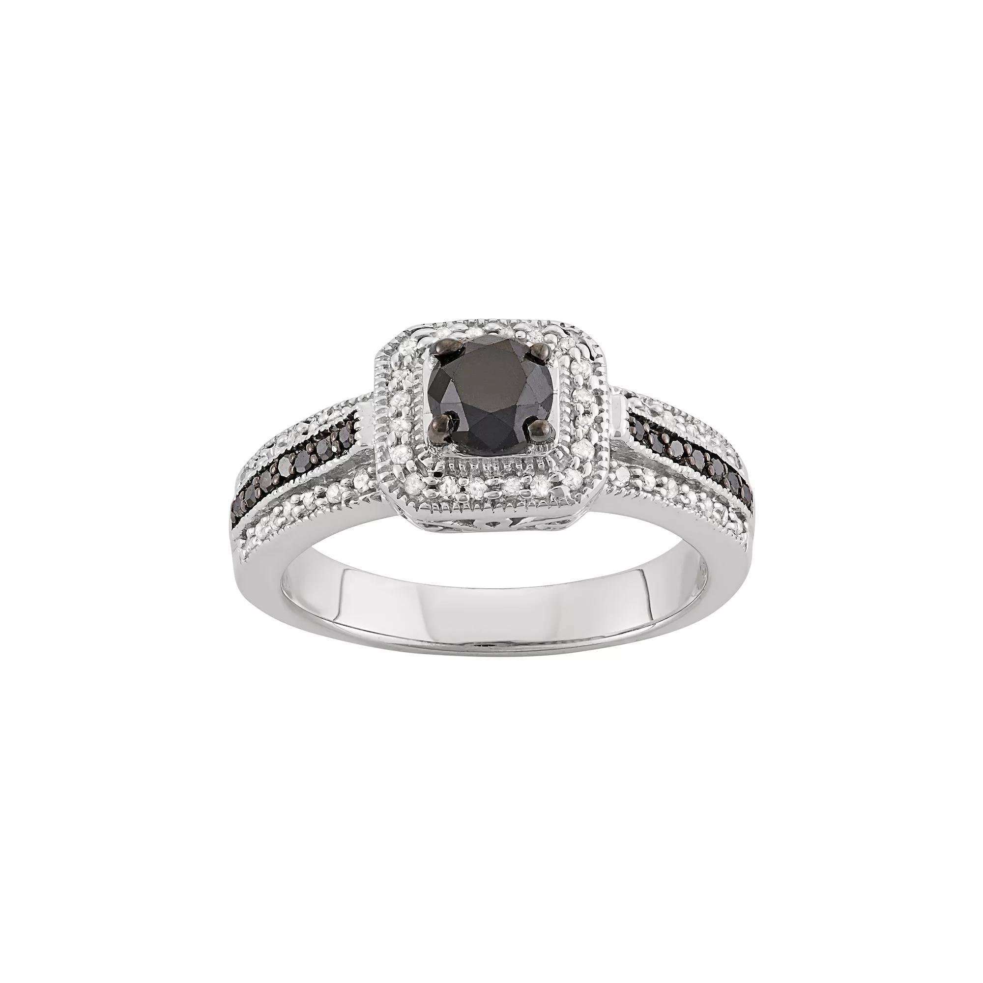Jewelexcess 1 Carat T.W. Black & White Diamond Sterling Silver Square Halo Ring, Women's, Size: 8 Product Image