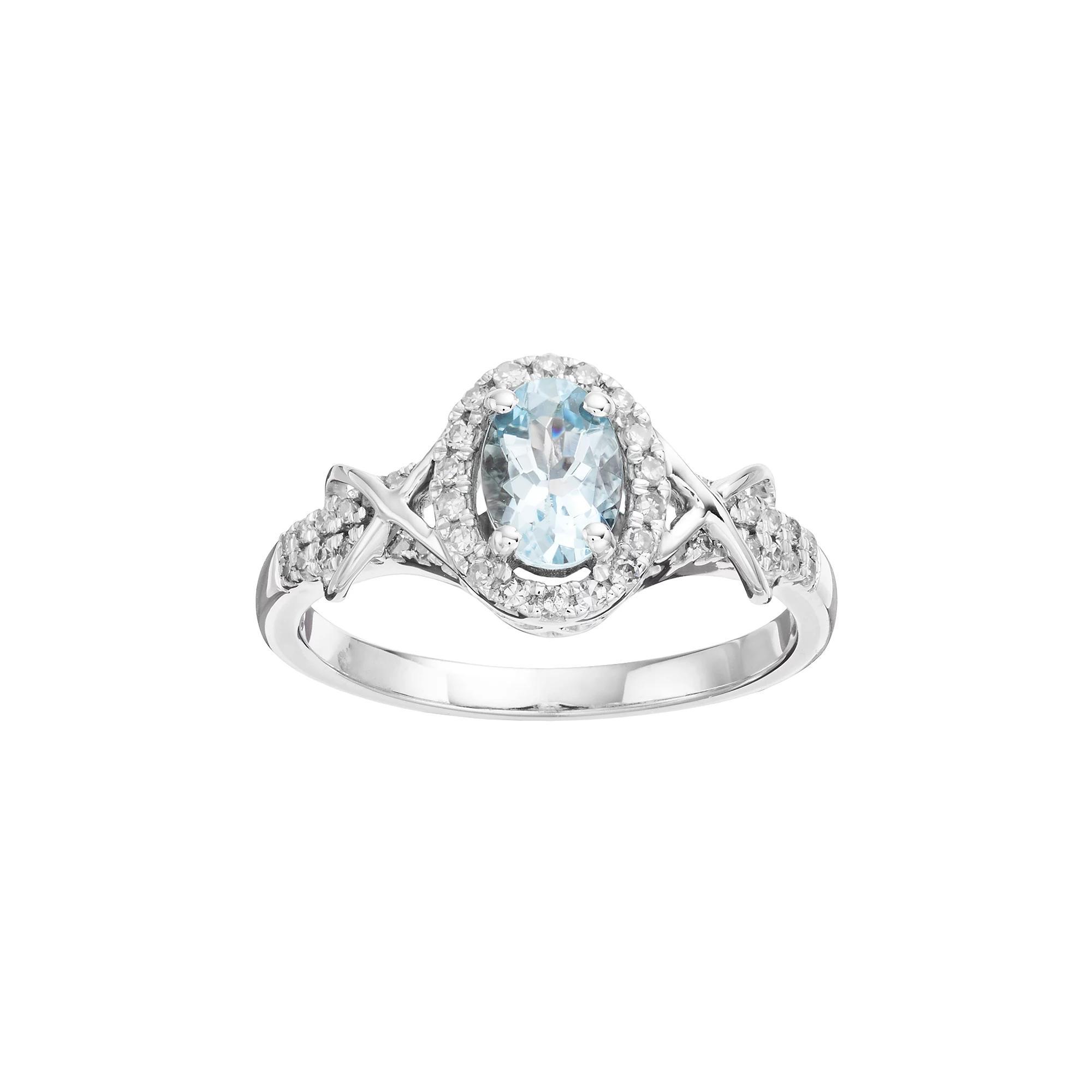 Gemminded 10k White Gold Aquamarine & 1/4 Carat T.W. Diamond Halo Ring, Women's, Size: 5, Blue Product Image