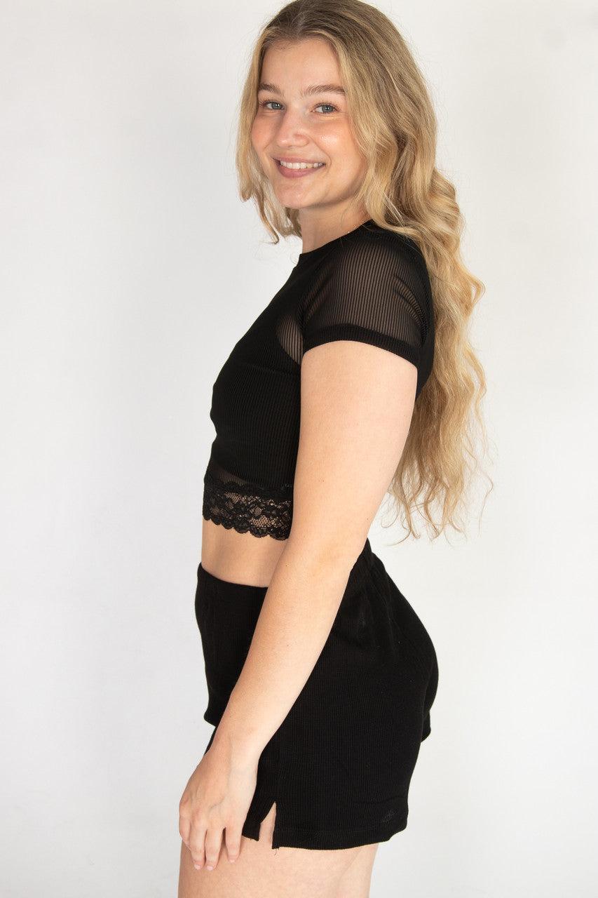 Lace Trim Ribbed Mesh Crop Tee Product Image