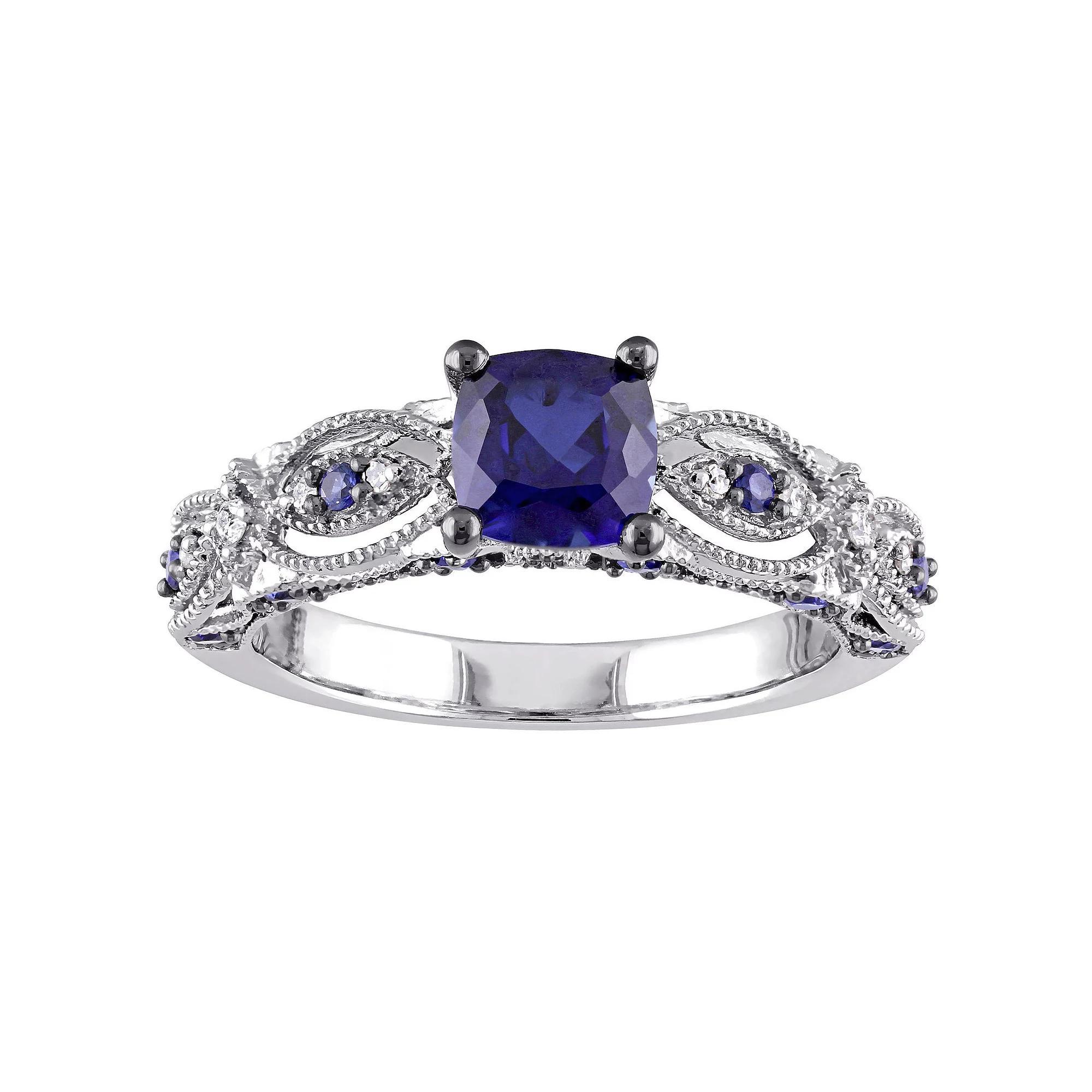 Stella Grace 10k White Gold Lab-Created Blue Sapphire & Diamond Accent Vintage Engagement Ring, Women's, Size: 7 Product Image