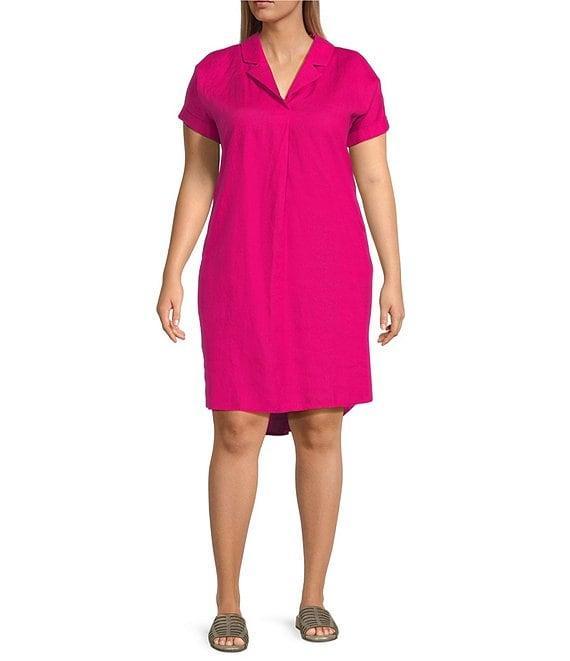 Eileen Fisher Plus Size Organic Linen Notch Collar Cap Sleeve Shirtdress Product Image