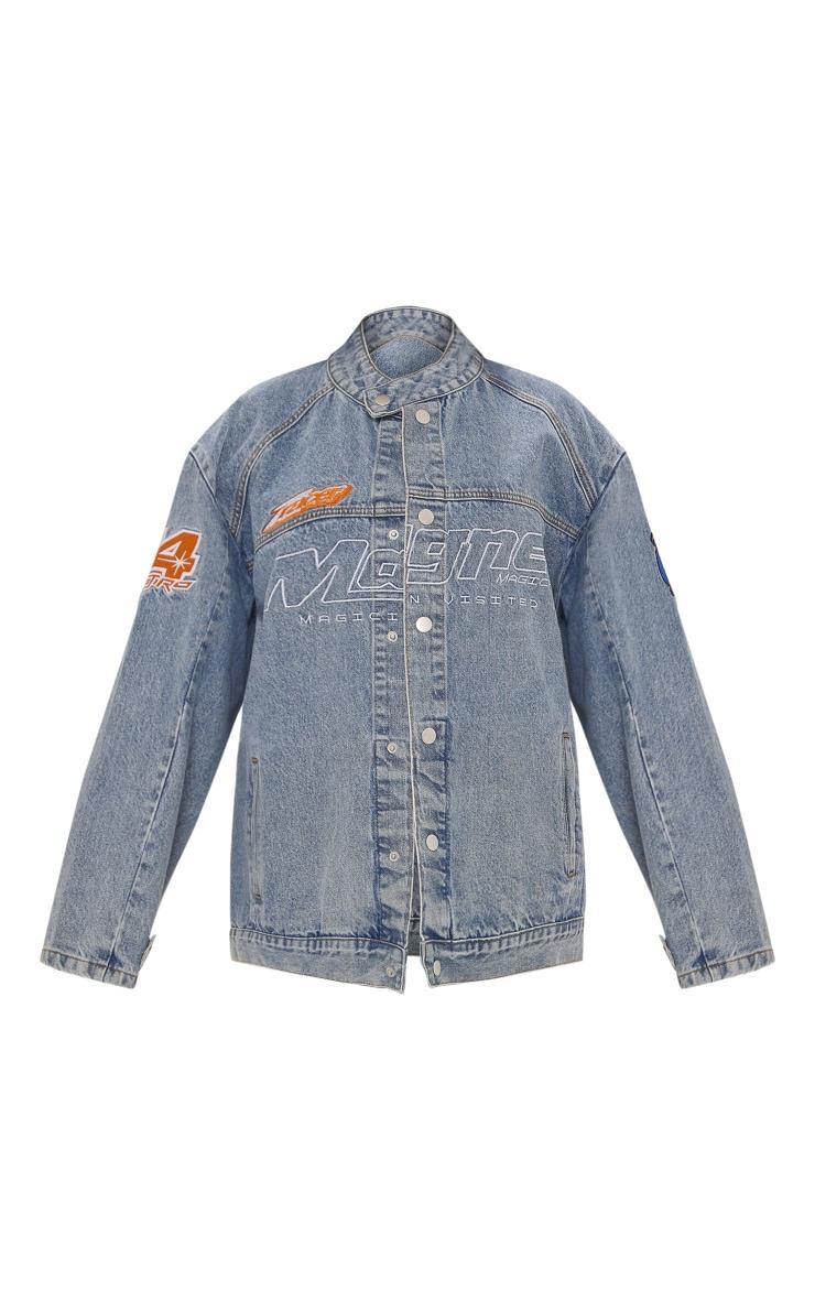Mid Blue Wash Racer Graphic Oversized Denim Jacket Product Image
