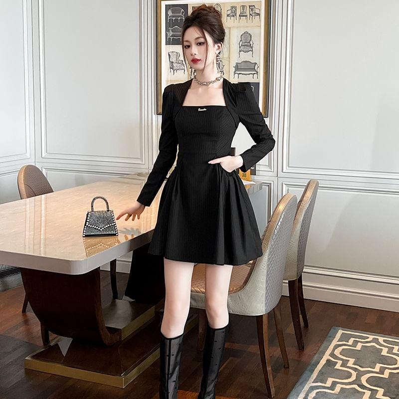 Long-Sleeve Square Neck Striped Mini A-Line Dress Product Image