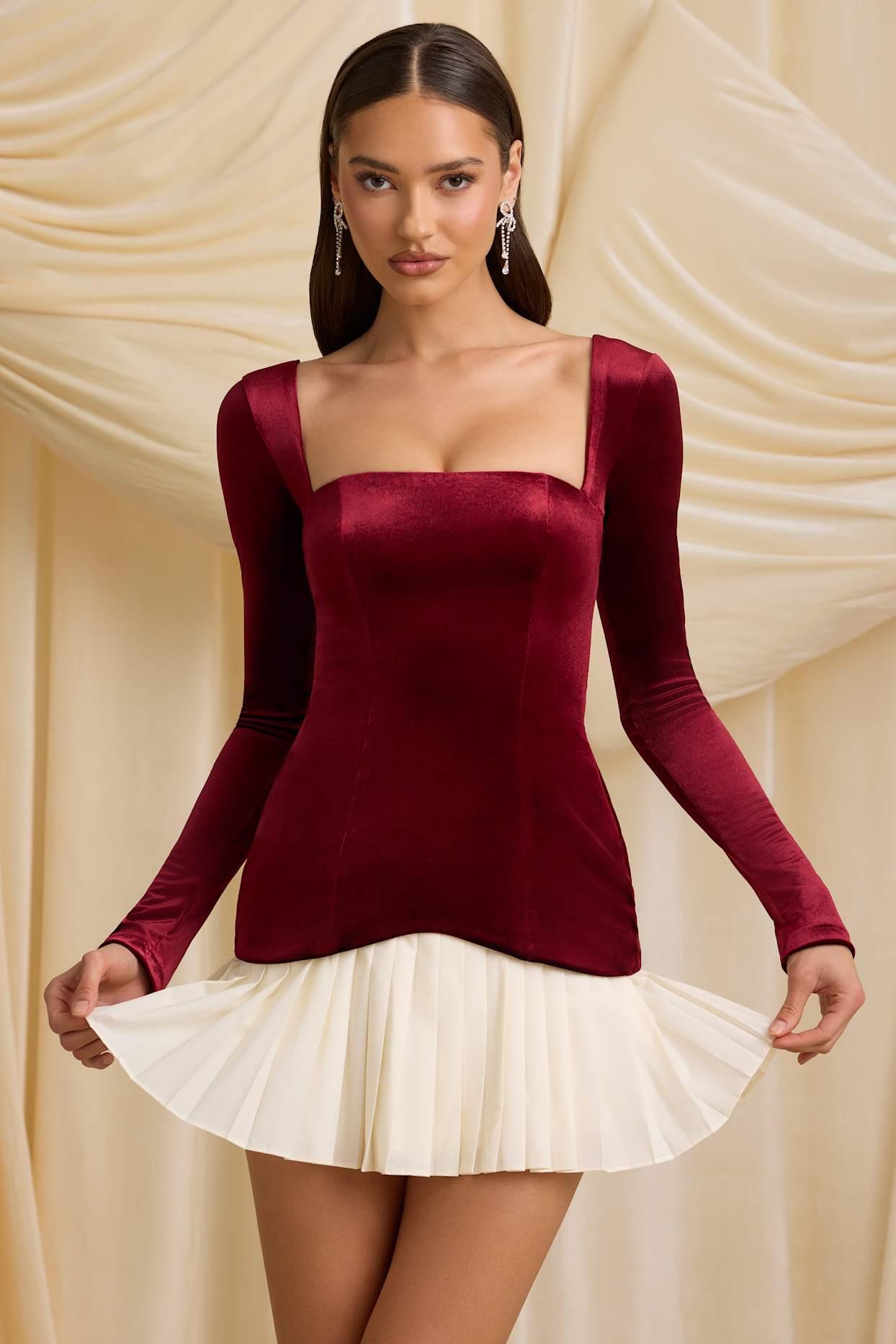 Layered Pleated Corset Mini Dress in Wine Red Product Image