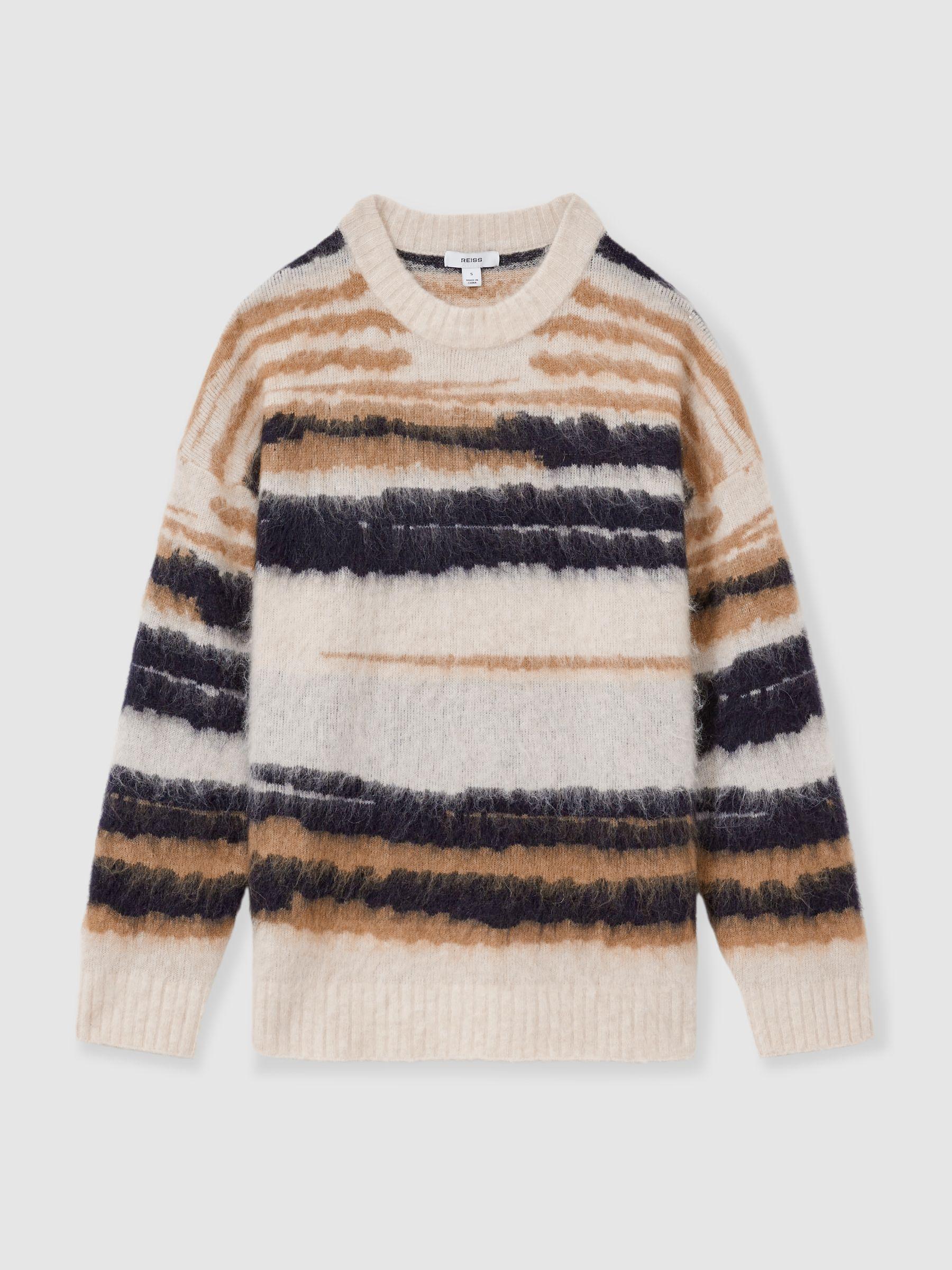 Striped Crew-Neck Jumper With Mohair in Cream/Camel Product Image
