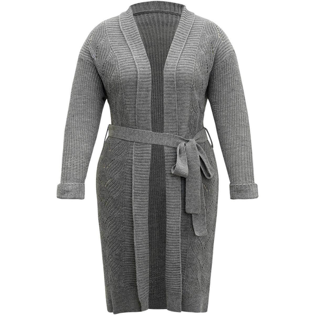 Plus Size Plain Split Hem Ties Texture Cardigan Gray Women Casual Loose Long Sleeve Dailywear Cardigans BloomChic 30/6X Product Image