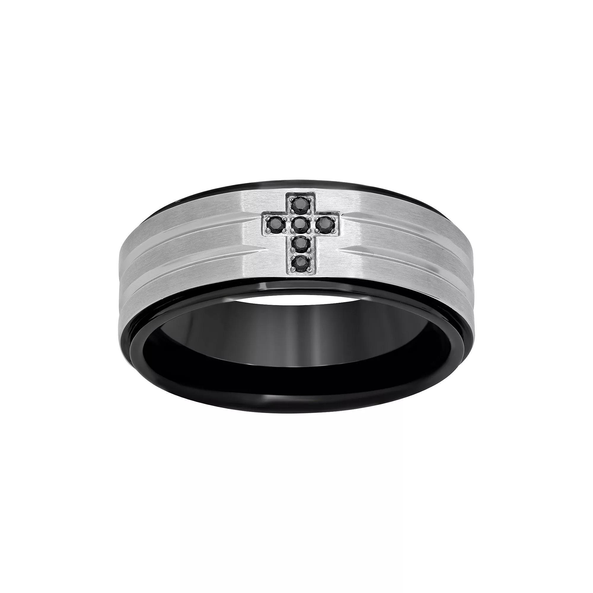 Black Diamond Accent Stainless Steel & Black Ion-Plated Stainless Steel Cross Grooved Band - Men, Men's, Size: 12.50 Product Image